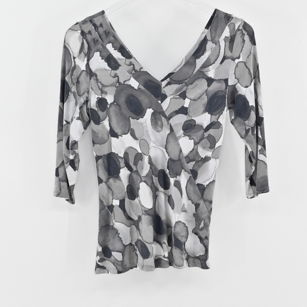 Yansi Fugel Abstract Floral Top Womens Size S Gray Watercolor‎ Art to Wear Comfy